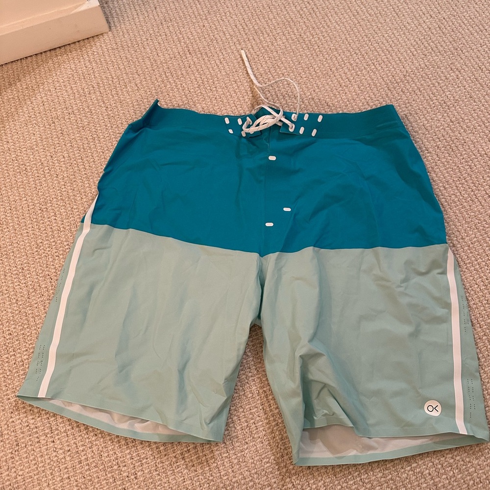 Outerknown Teal and Light Green Swim Shorts